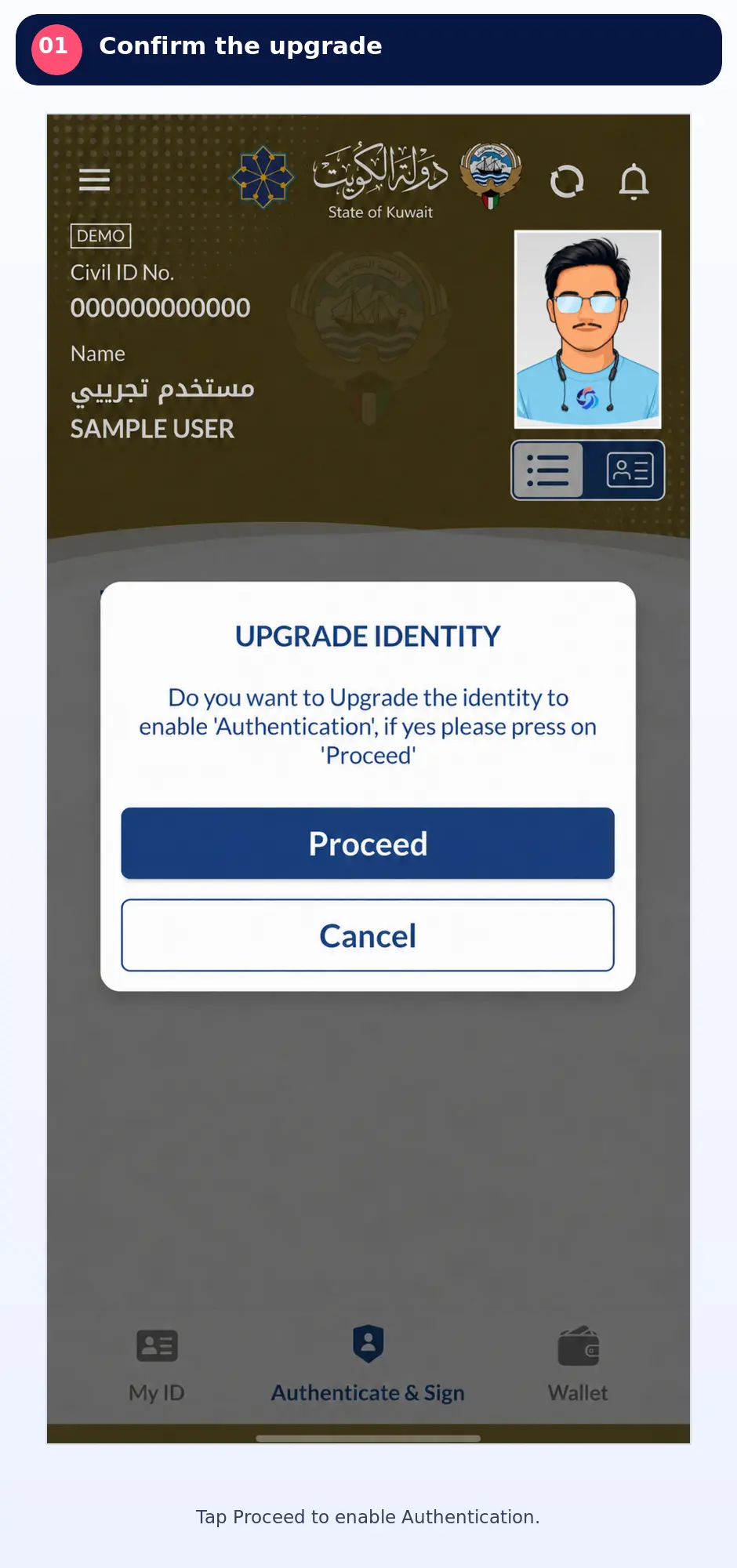Kuwait Mobile ID Upgrade Identity confirmation screen with Proceed button