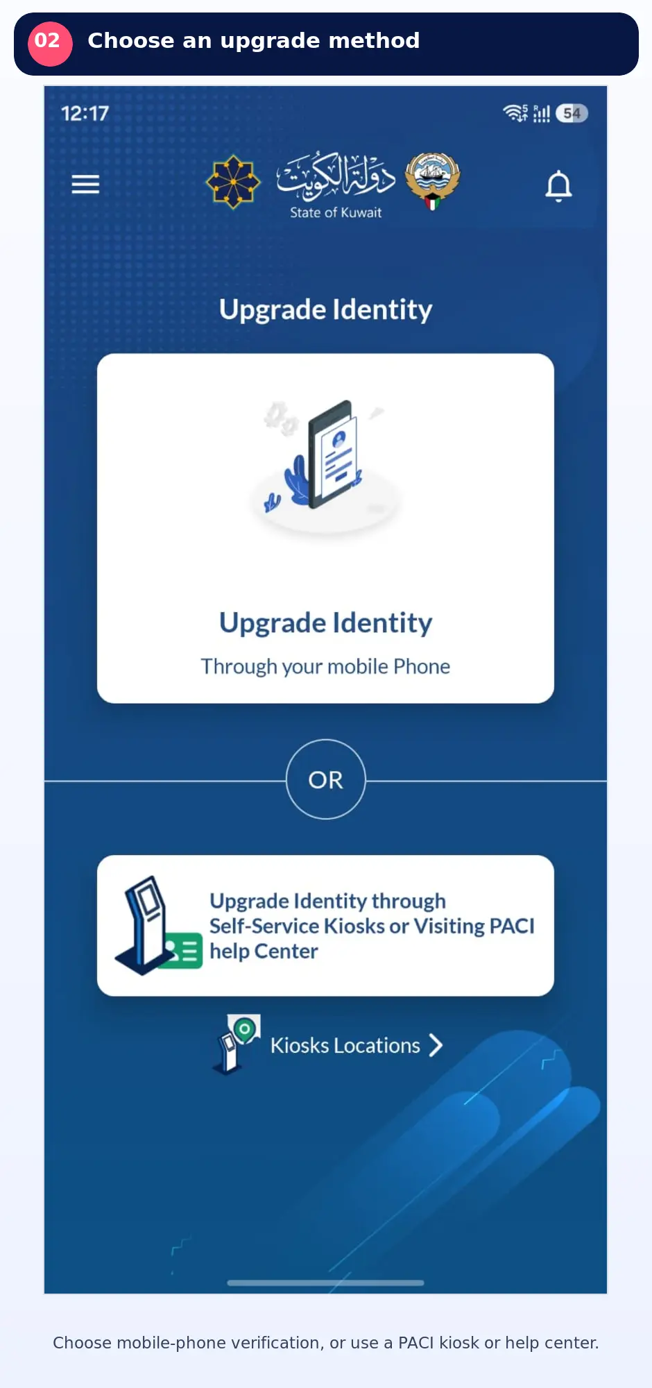 Kuwait Mobile ID screen showing mobile phone and PACI kiosk identity upgrade methods