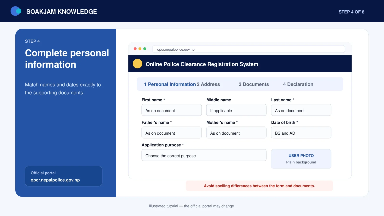 Complete personal information for a Nepal Police clearance application