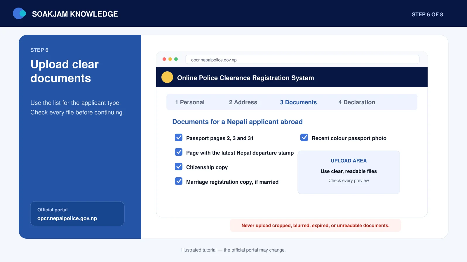 Upload clear required documents for a Nepal Police clearance application