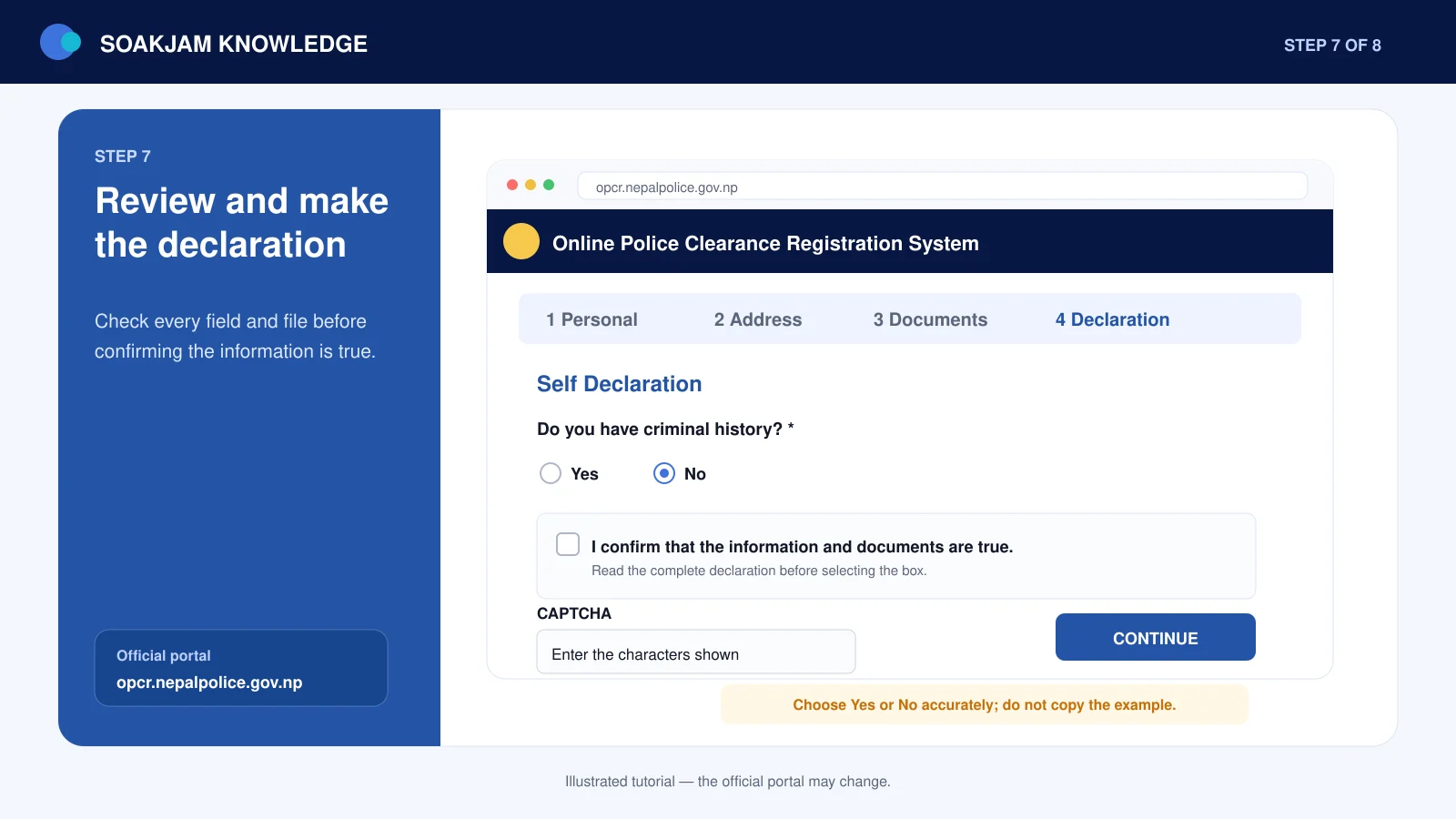 Review the declaration and confirm application details in OPCR