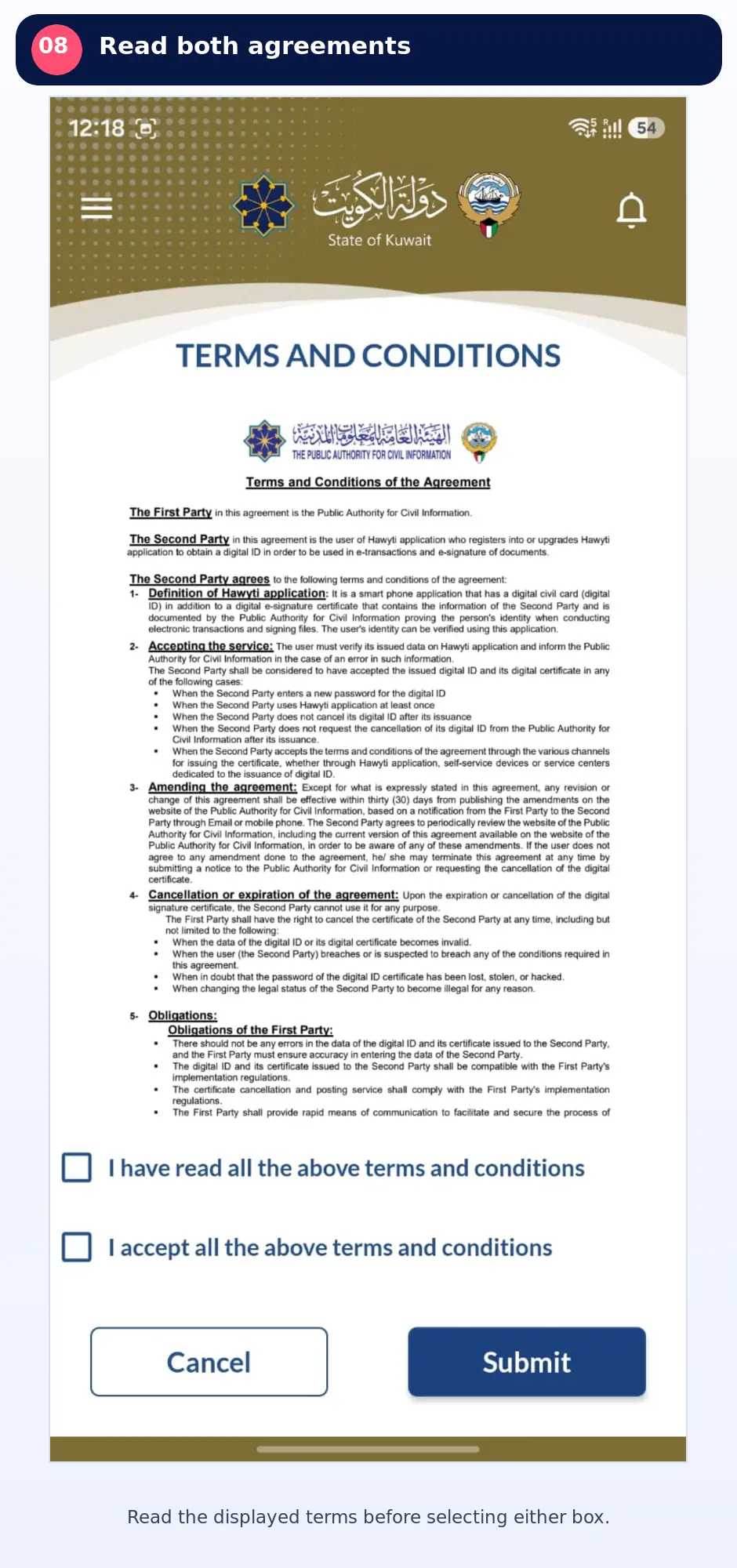 Kuwait Mobile ID terms and conditions screen before the agreement boxes are selected