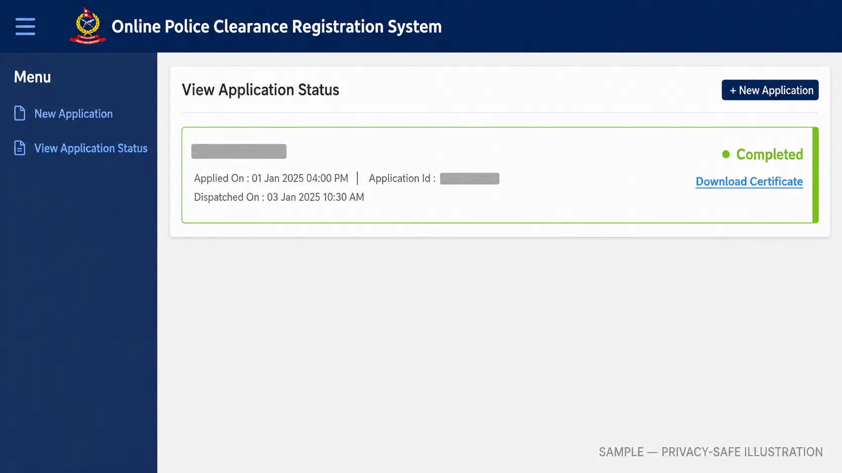Completed Nepal Police clearance application with Download Certificate link