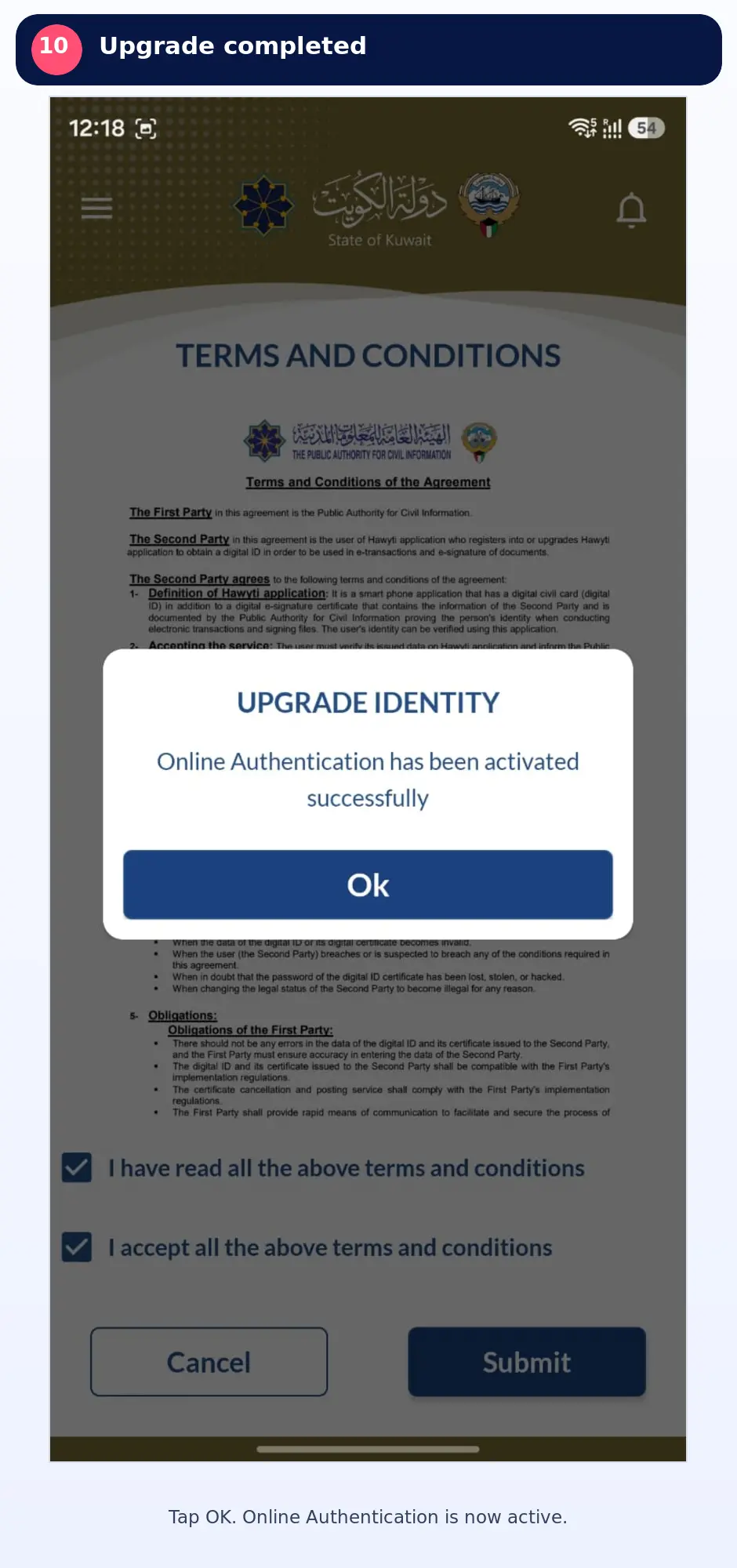 Kuwait Mobile ID message confirming that online authentication was activated successfully