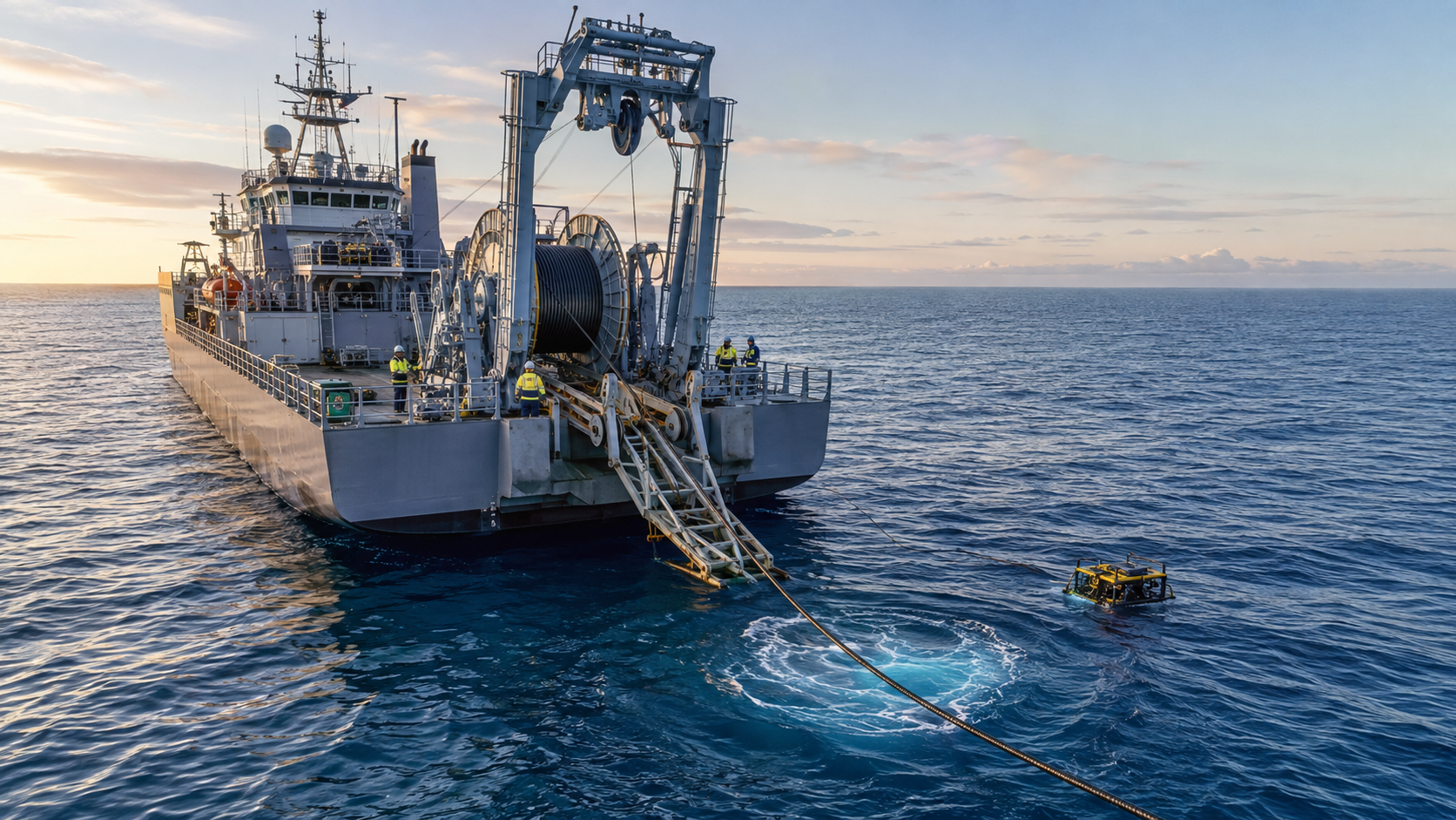 Specialist repair ship recovering a submarine internet cable at sea