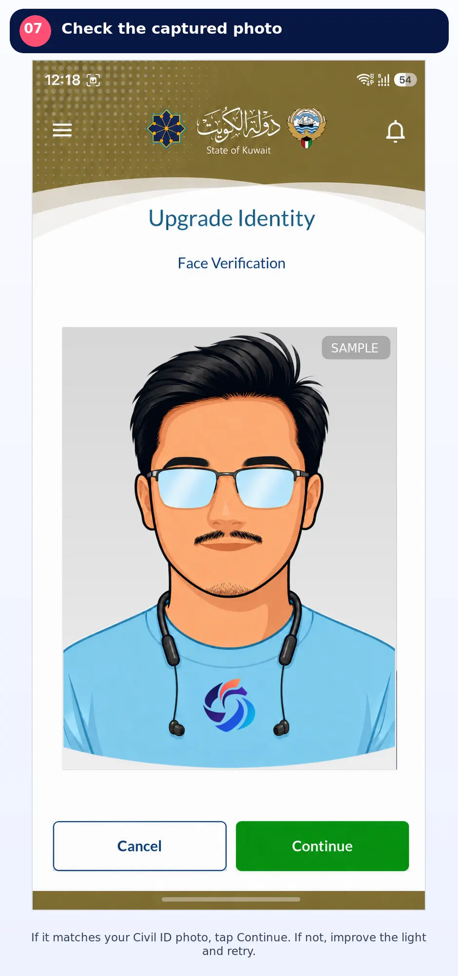 Kuwait Mobile ID captured-face result with green Continue button after a successful match