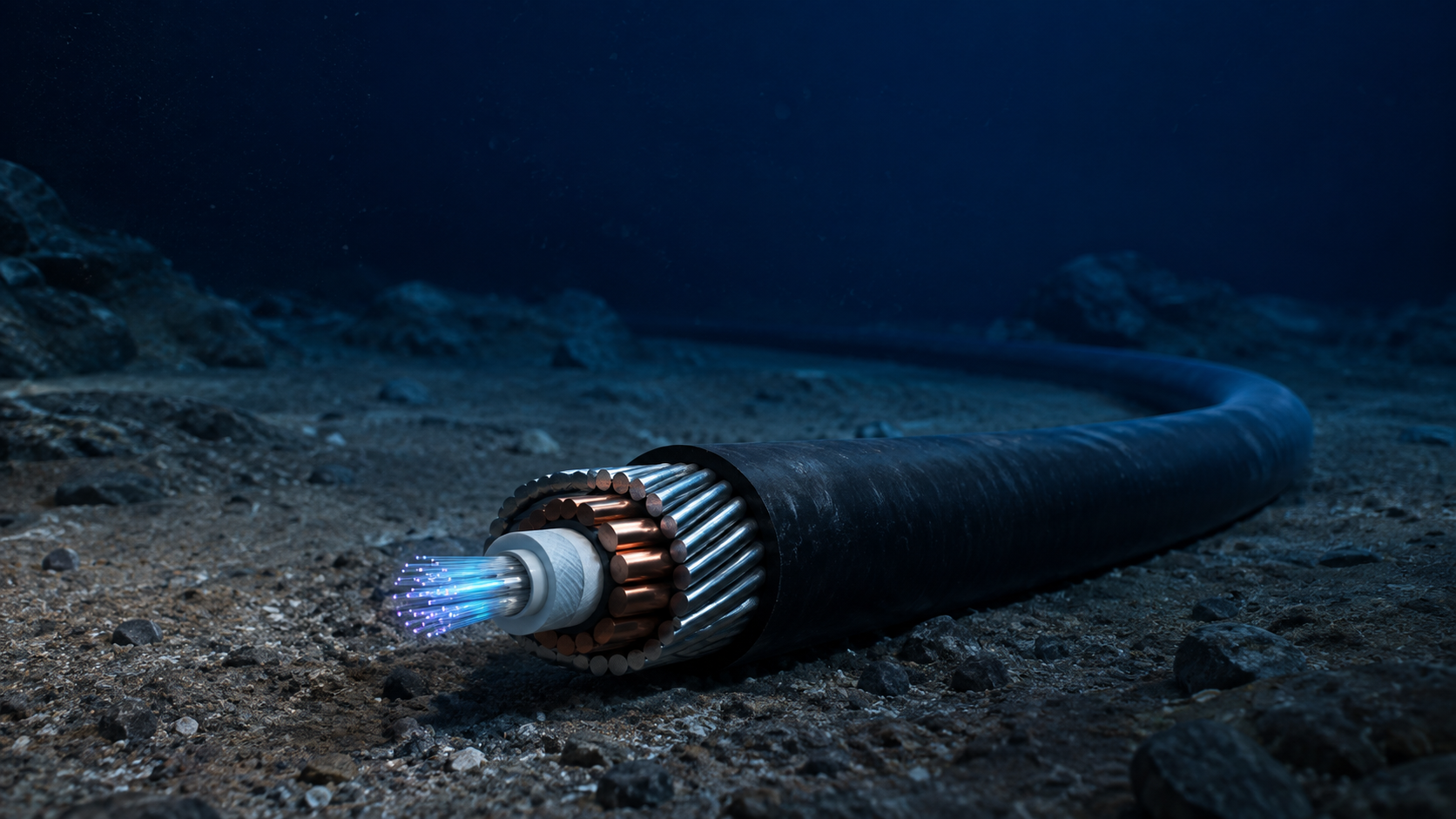 Cutaway of a fiber-optic submarine internet cable and its protective layers