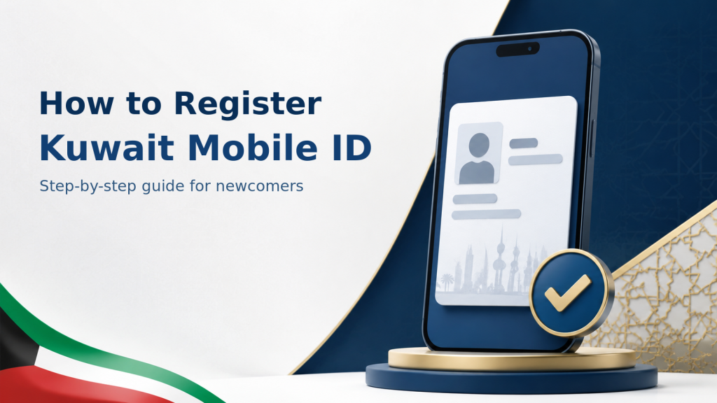 Generic smartphone displaying a privacy-safe digital identity card with a verification checkmark and Kuwait-inspired colours.