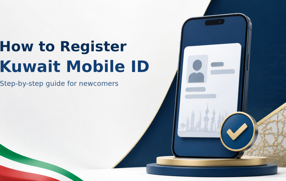 Generic smartphone displaying a privacy-safe digital identity card with a verification checkmark and Kuwait-inspired colours.