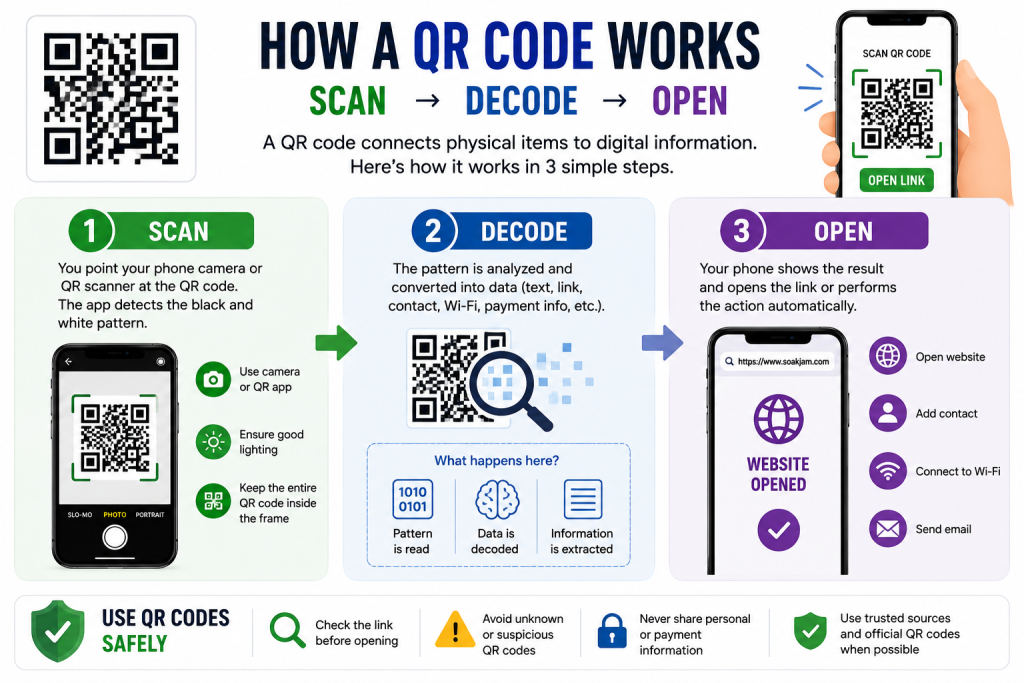 How a QR Code Works Scan → Decode → Open