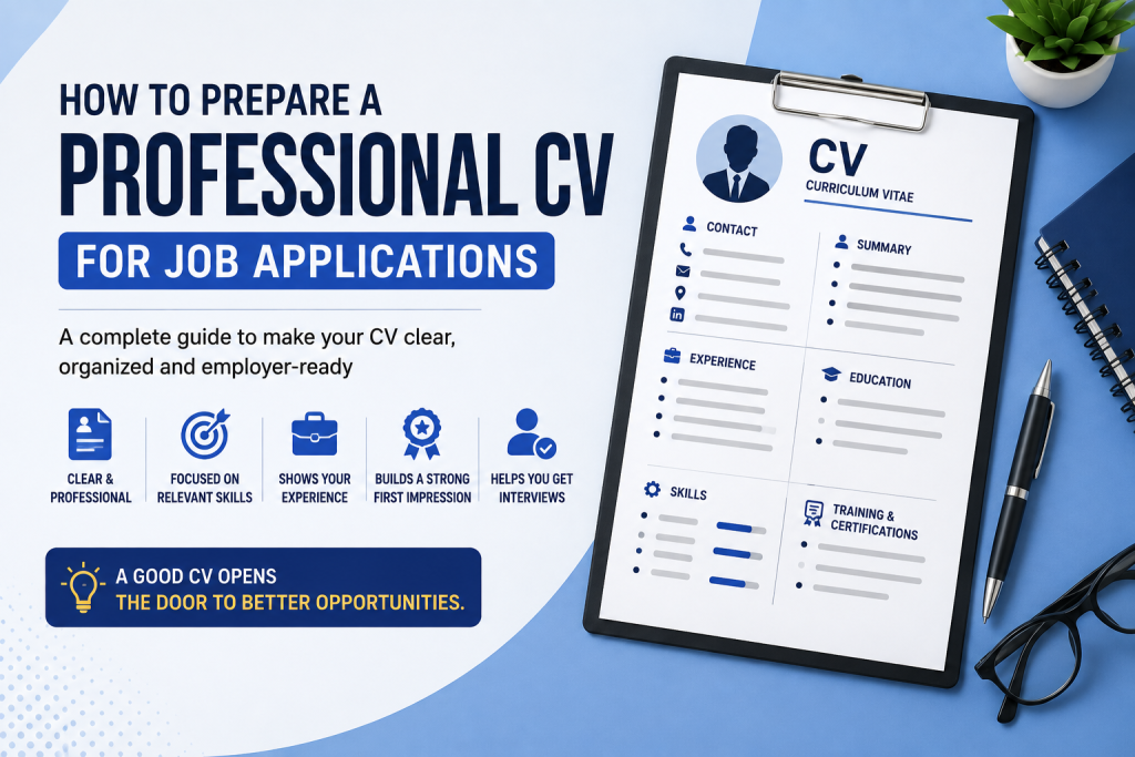 Professional CV guide showing contact details, work experience, education, skills and training sections