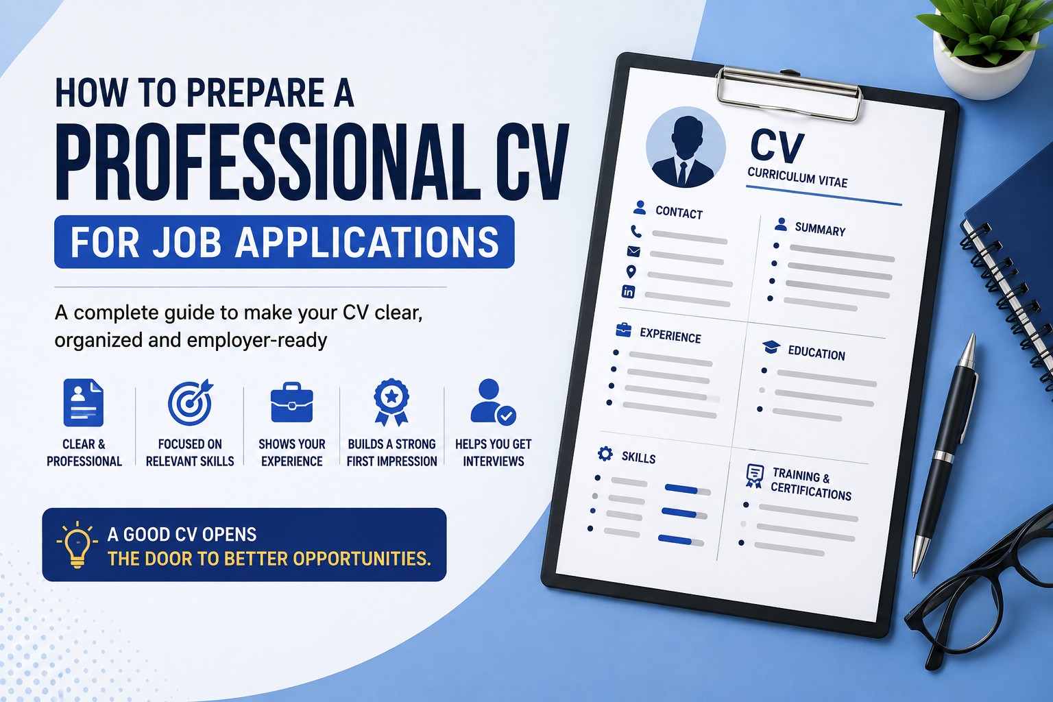 Professional CV guide showing contact details, work experience, education, skills and training sections