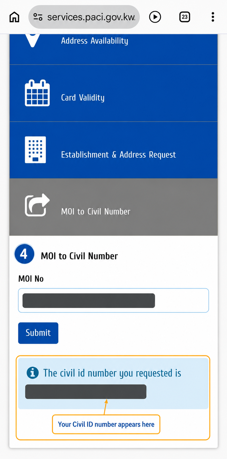 Official PACI result page showing where the returned Civil ID number appears, with all numbers hidden.