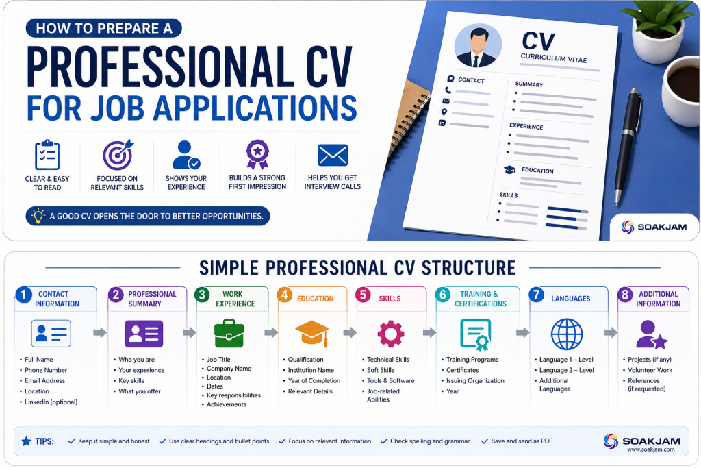 Professional CV structure showing contact information, summary, work experience, education, skills, training, languages and additional information