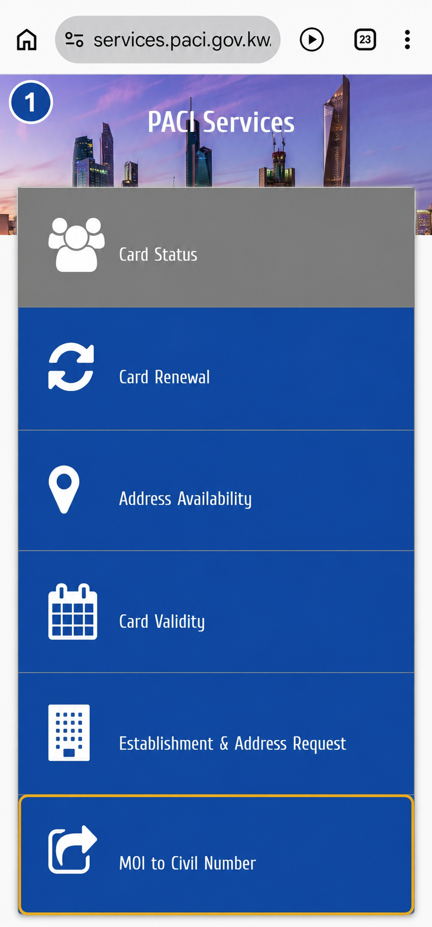 Official PACI mobile services page with the MOI to Civil Number option highlighted.