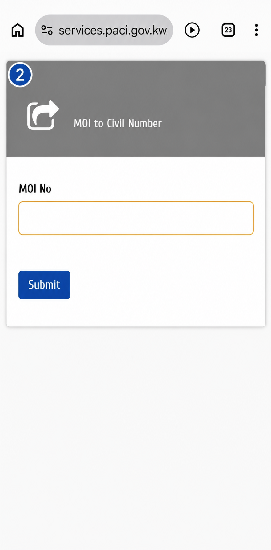 Official PACI MOI to Civil Number form showing a blank MOI No. field and Submit button.