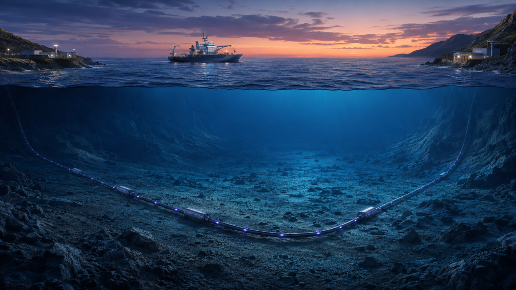 Fiber-optic submarine cable connecting two continents across the ocean floor