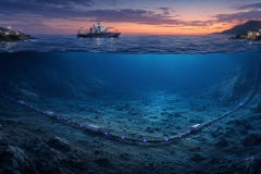 Fiber-optic submarine cable connecting two continents across the ocean floor