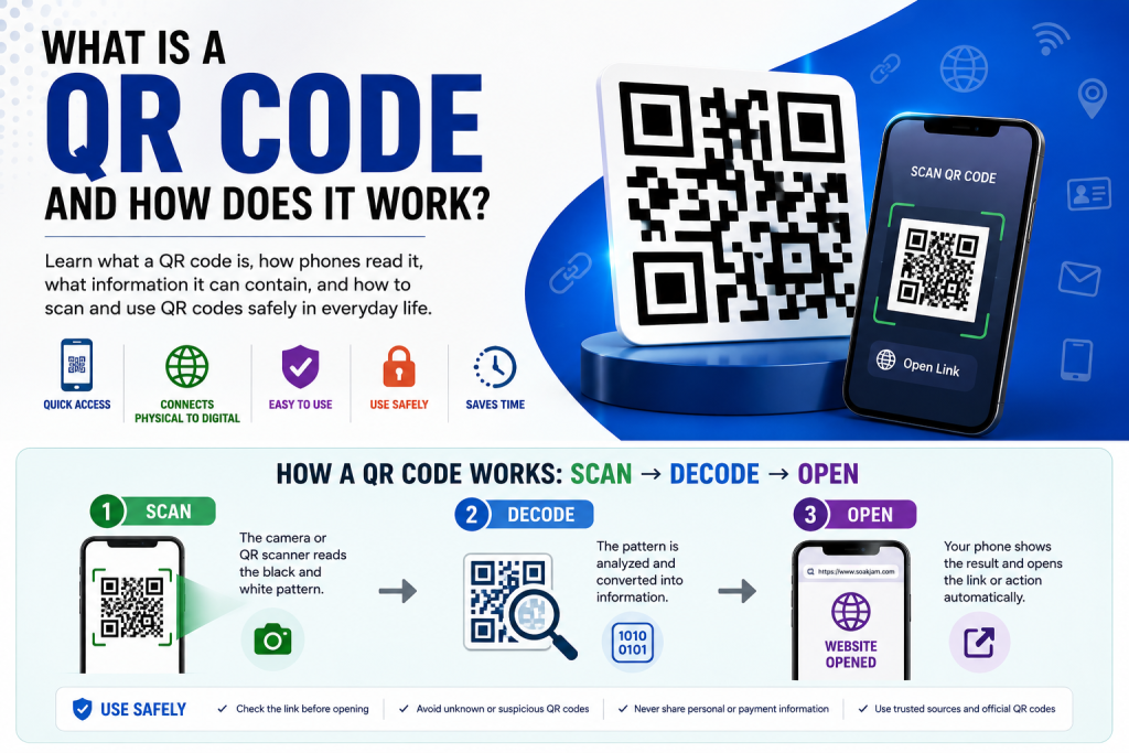 QR code guide showing a phone scanning a QR code and opening digital information