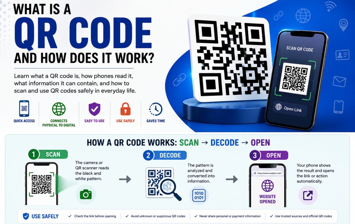 QR code guide showing a phone scanning a QR code and opening digital information