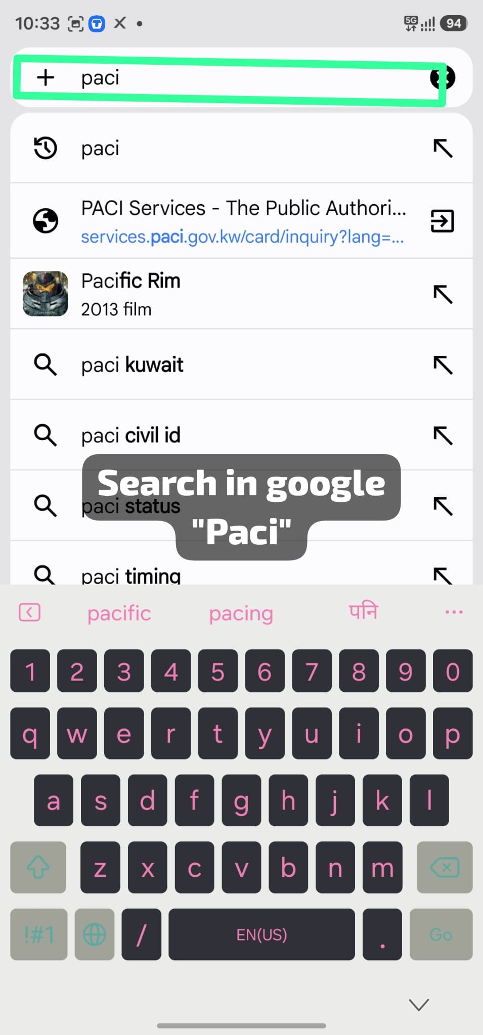 PACI typed into Google search on a mobile phone.