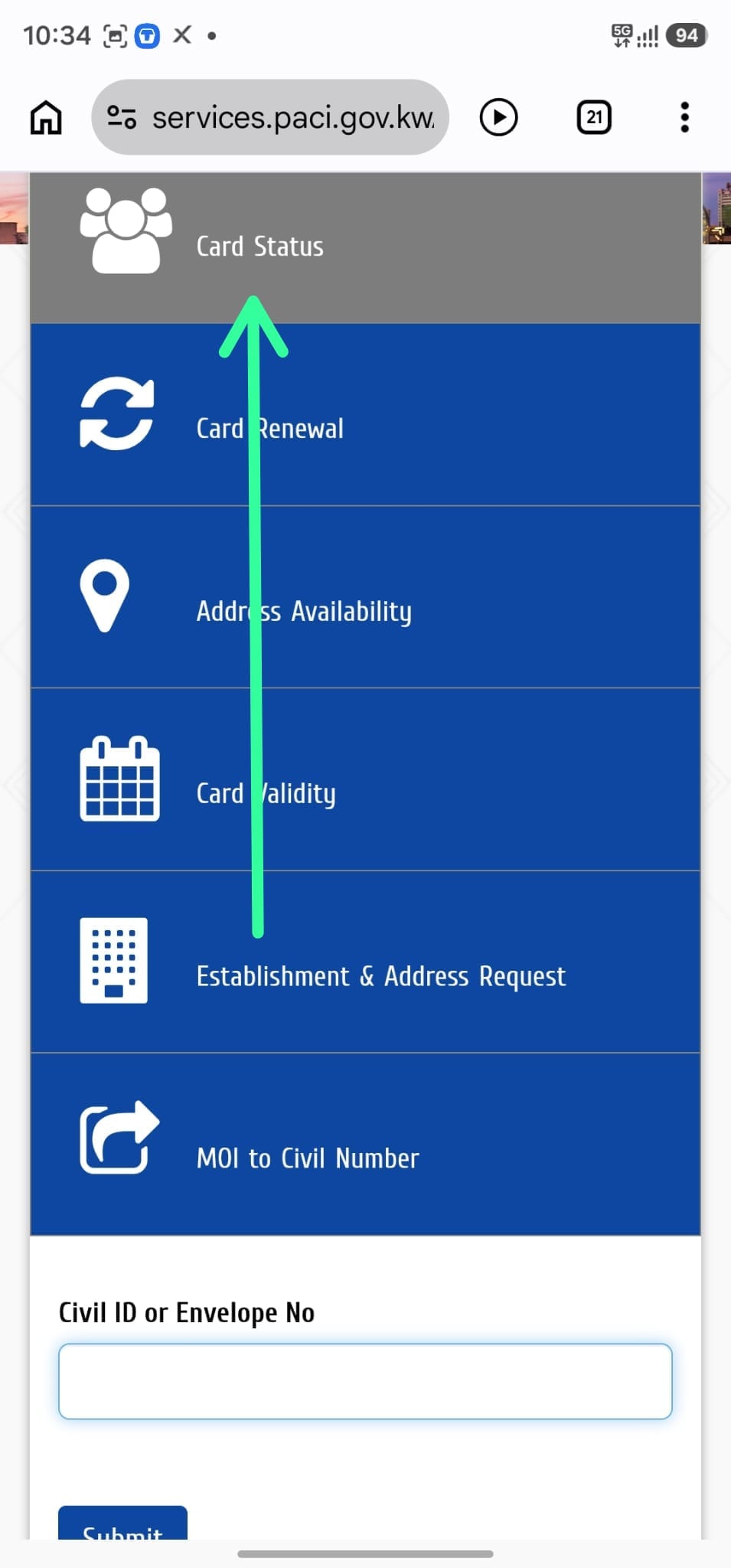 Arrow pointing to Card Status in the PACI mobile services menu.