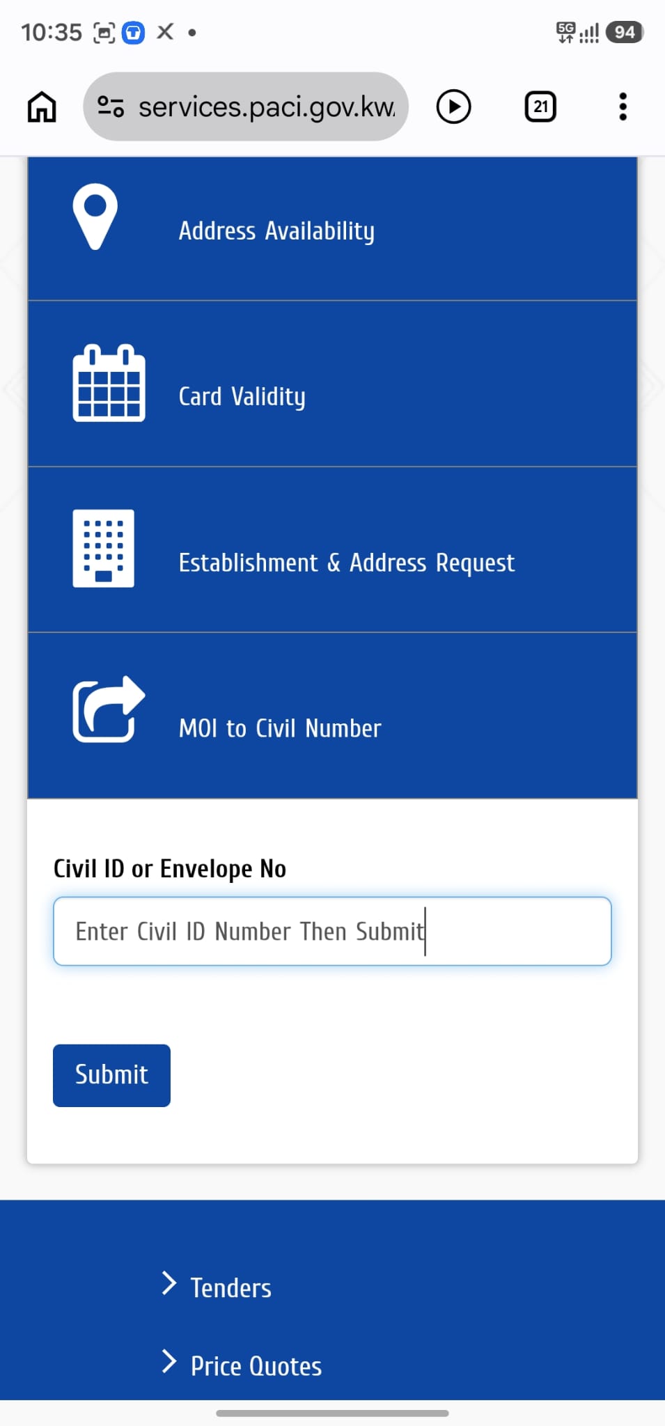 PACI Card Status form showing the Civil ID or Envelope No field and Submit button.