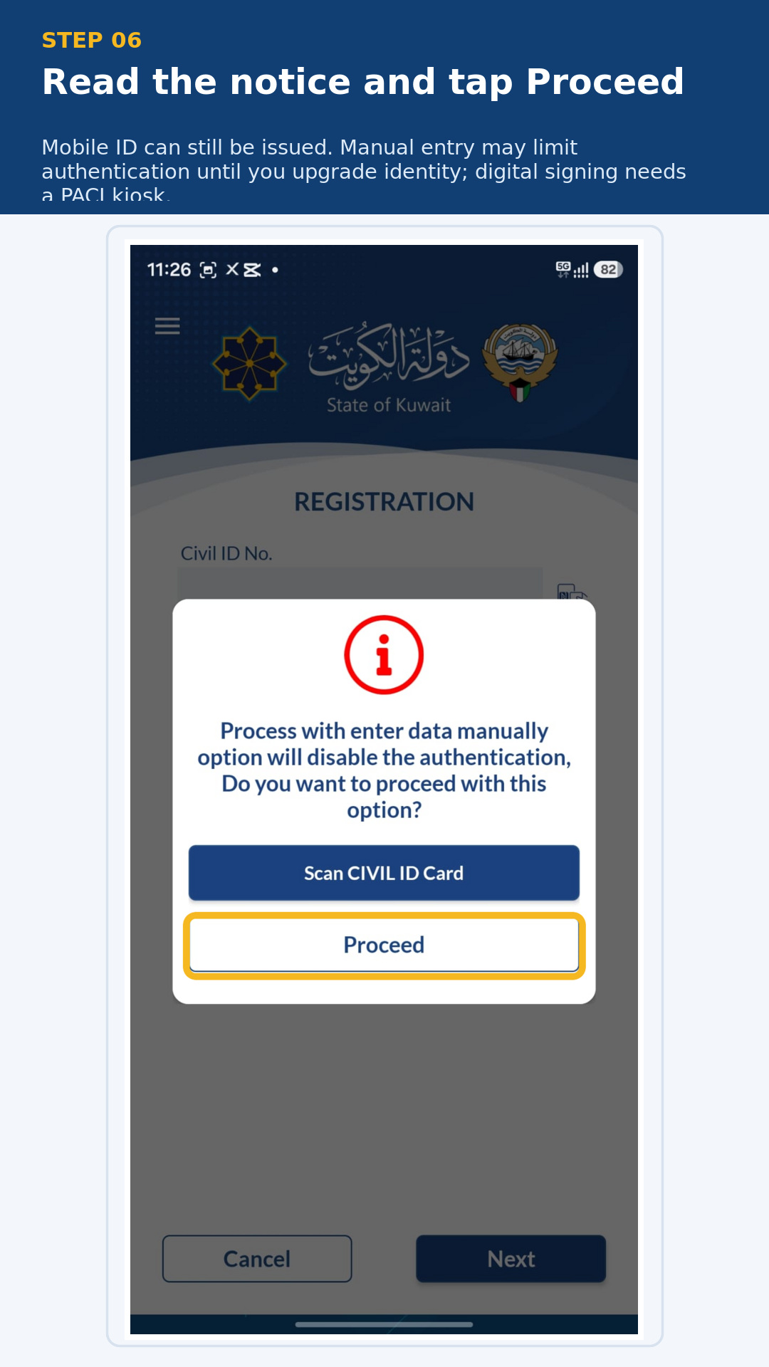 Proceed button highlighted in the manual-entry authentication notice.