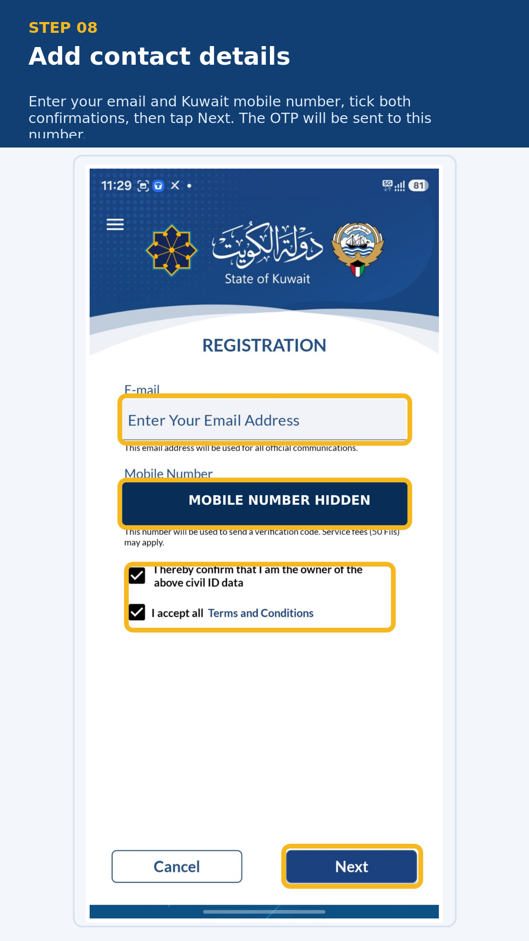 Email, privacy-covered mobile number, confirmation boxes and Next button highlighted.