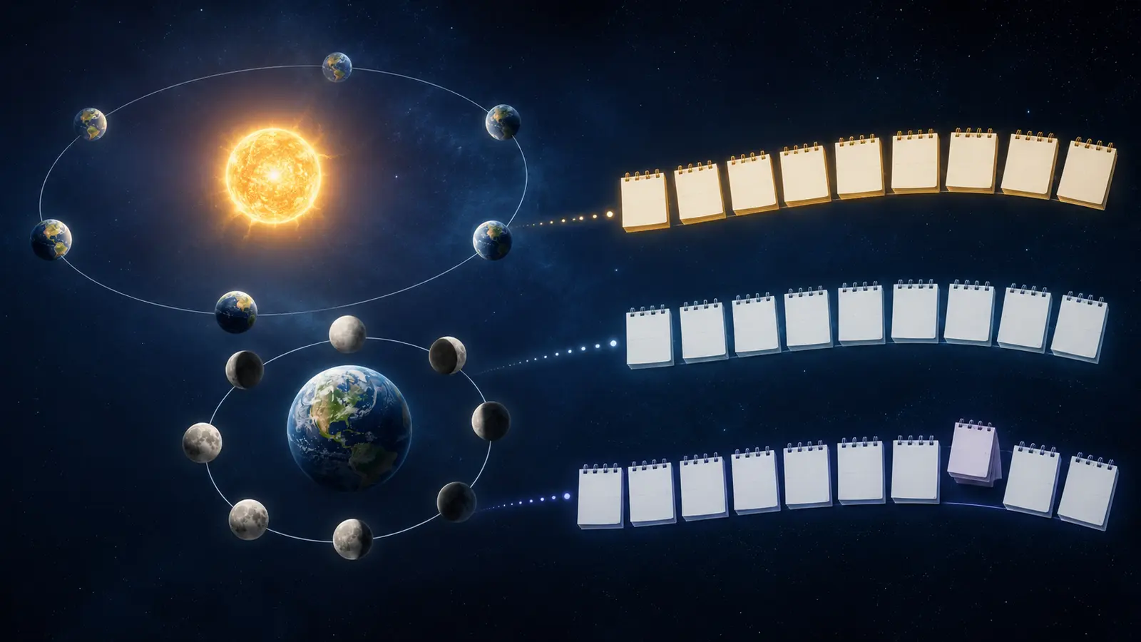 Solar, lunar and lunisolar calendar cycles illustrated with the Sun, Earth and Moon