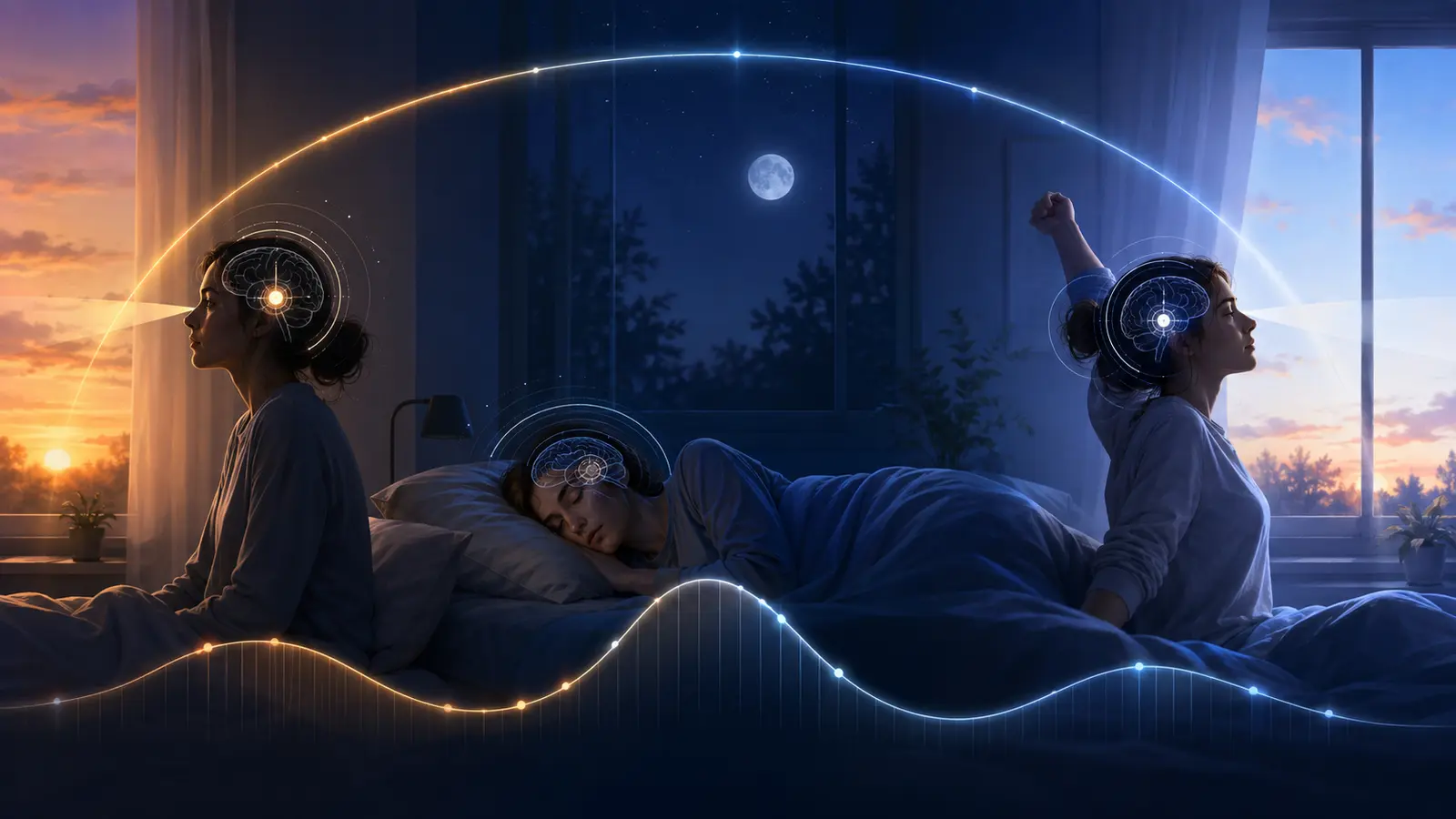 Sleeping person shown through evening, night and dawn as light guides the circadian clock