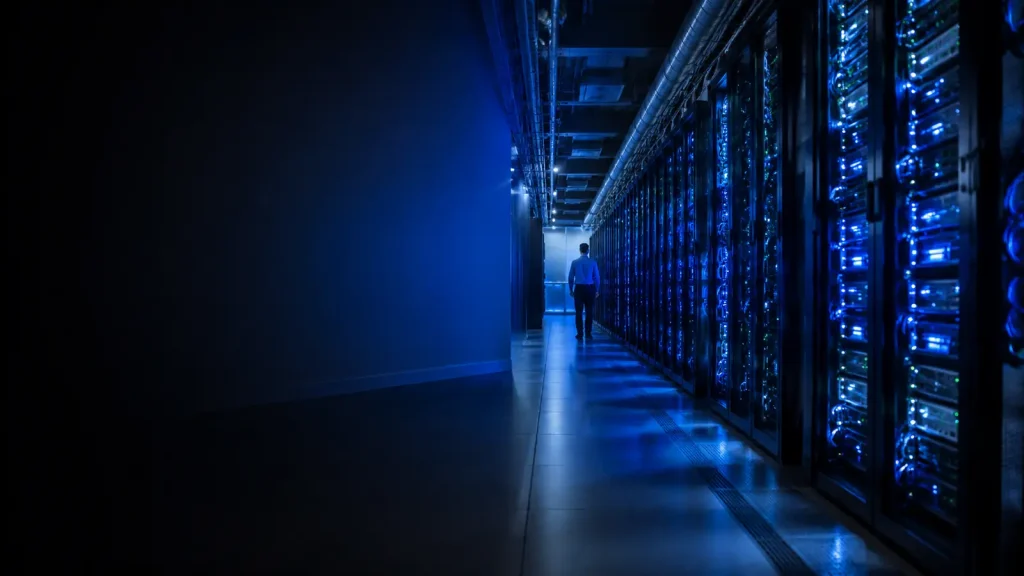 Modern data centre and network infrastructure representing files stored in the cloud.