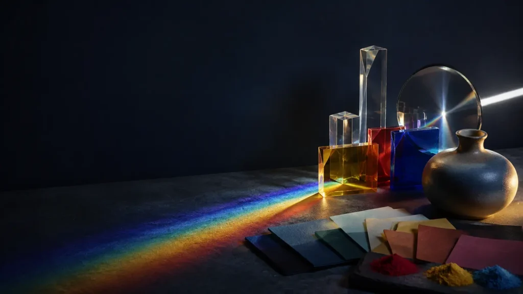 Why colors look different: colored glass, pigments and a spectrum of light in an editorial color studio.