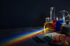 Why colors look different: colored glass, pigments and a spectrum of light in an editorial color studio.