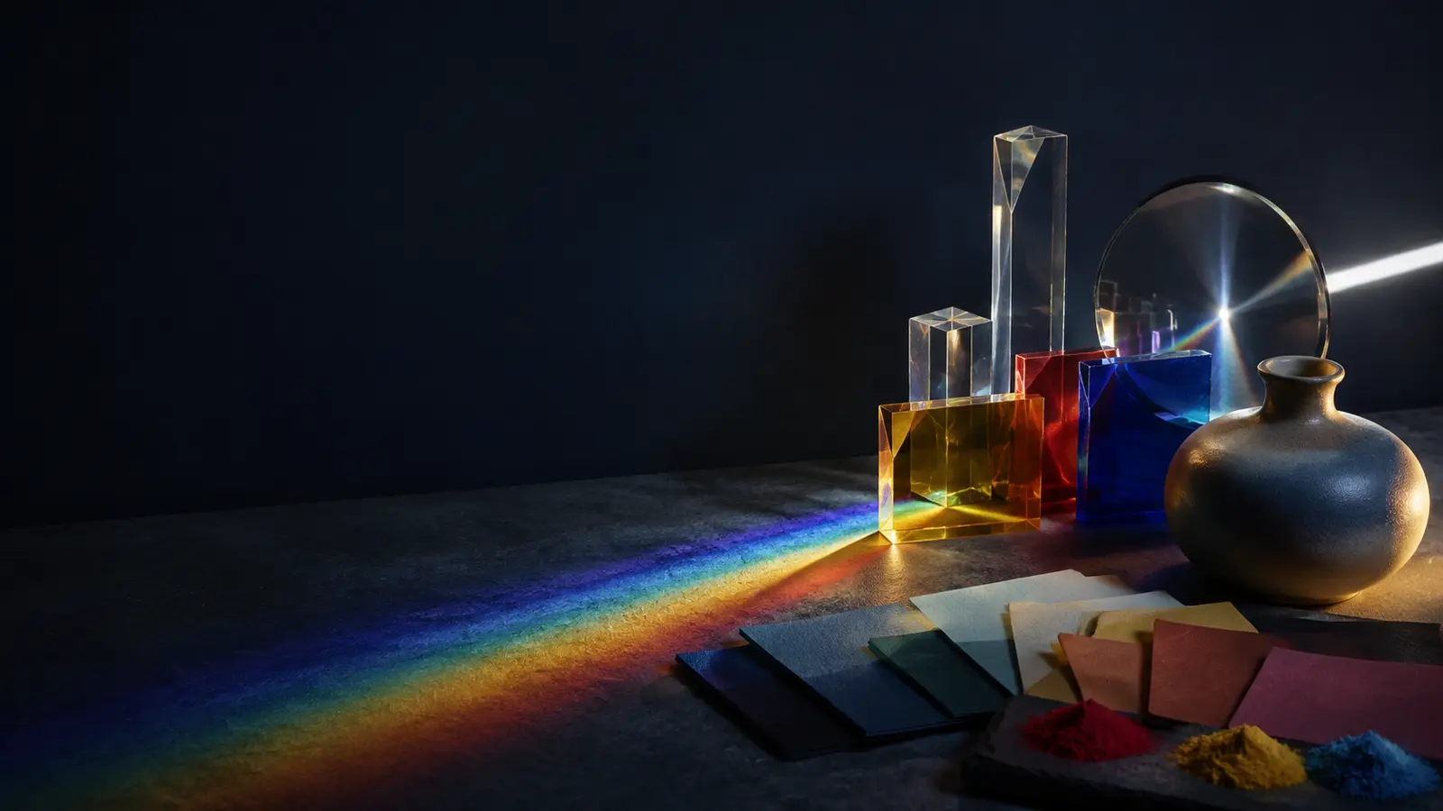 Why colors look different: colored glass, pigments and a spectrum of light in an editorial color studio.