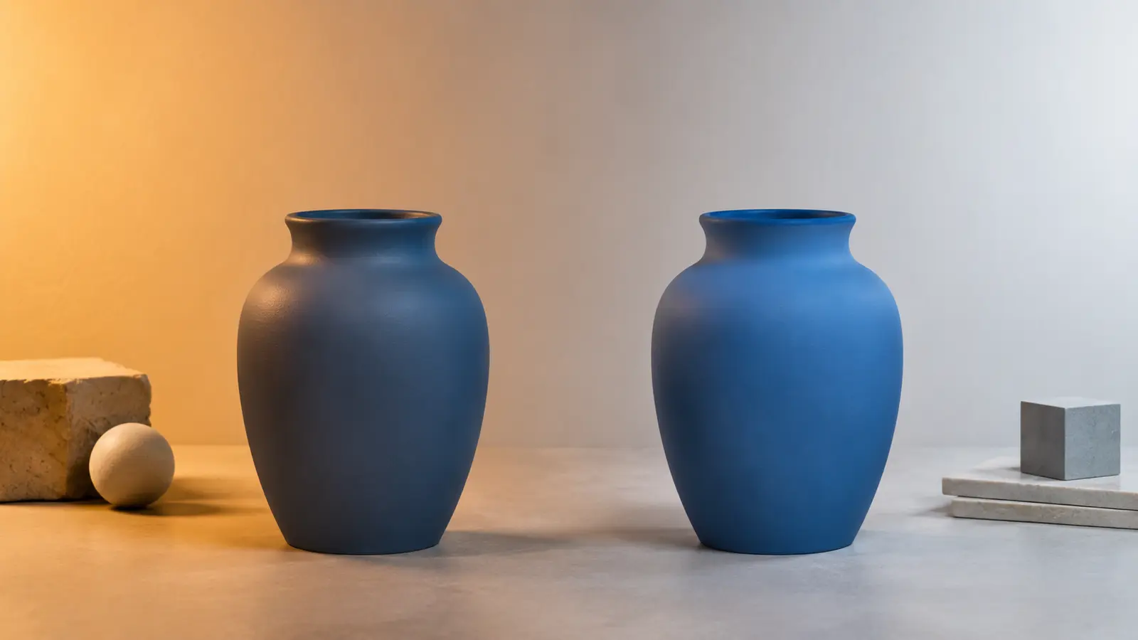 Why colors look different under warm and cool light, shown with two identical blue ceramic vases.