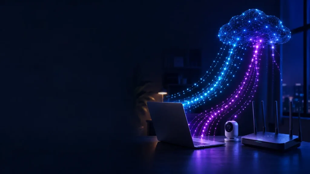 Home router and laptop exchanging blue and violet data streams with a cloud network