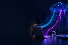 Home router and laptop exchanging blue and violet data streams with a cloud network