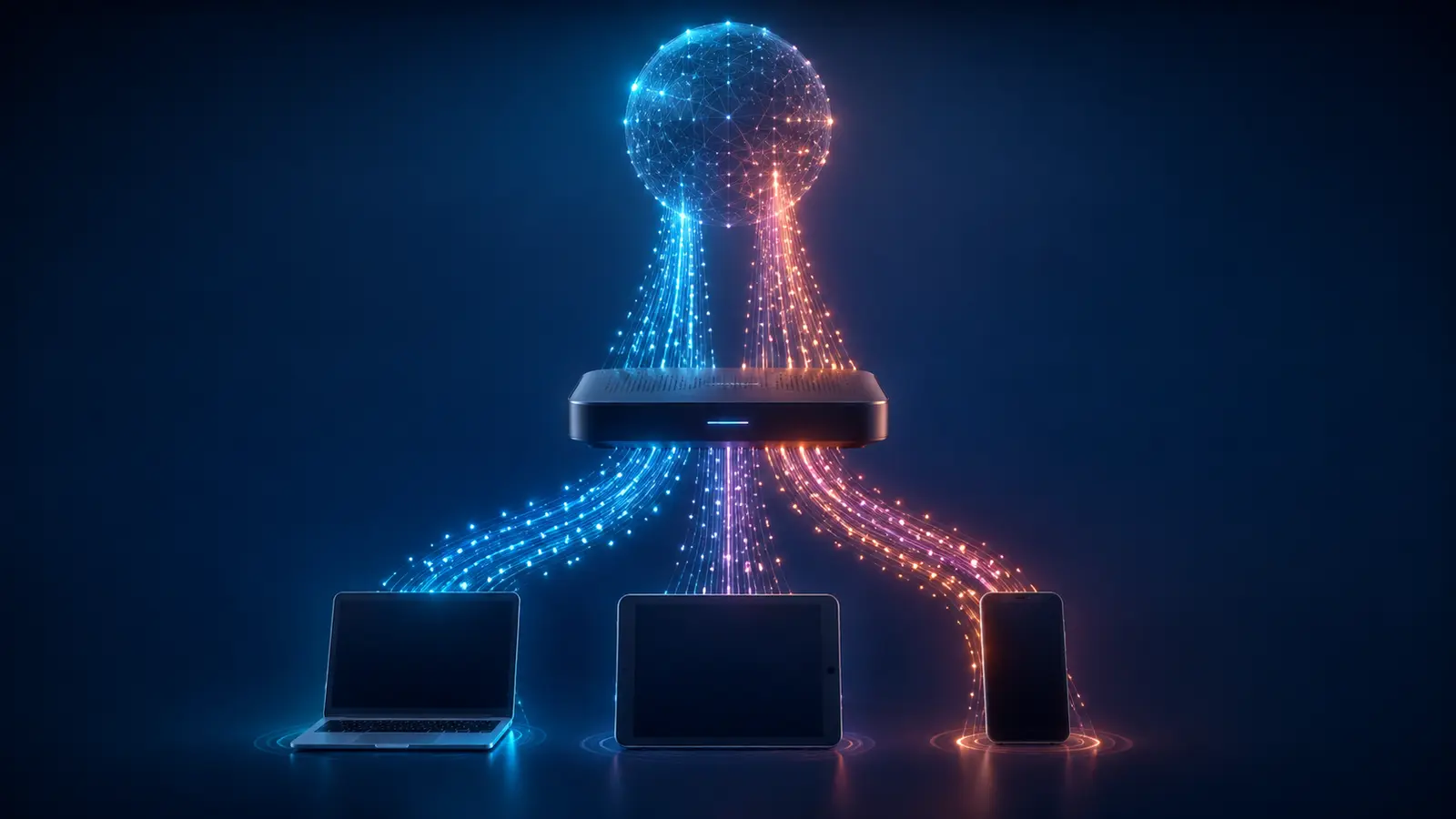 Blue and orange data streams moving between an internet gateway and three connected devices