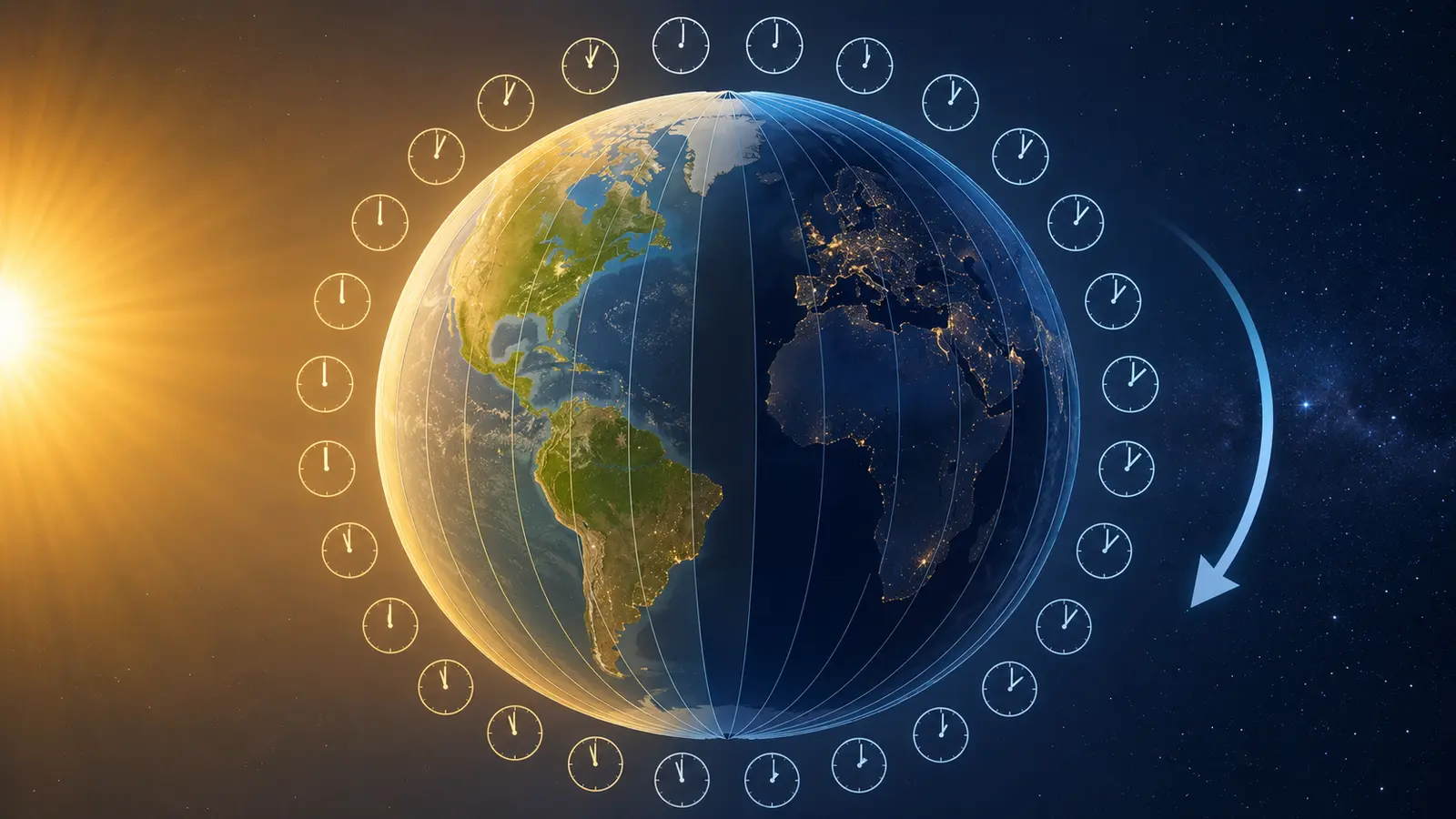 Earth rotating through sunlight with conceptual longitude bands showing different local times