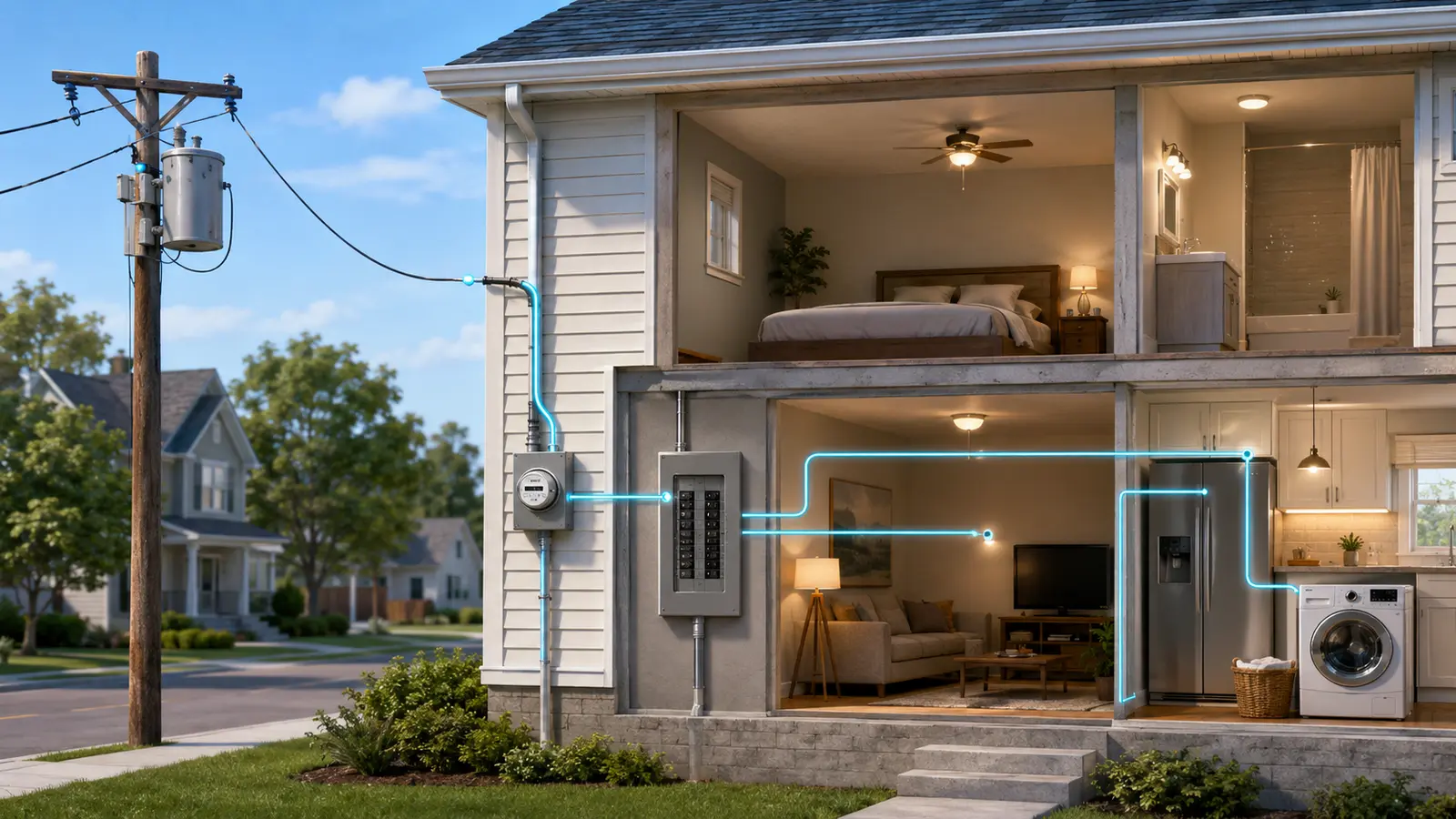 Electricity passing from a pole transformer through a home meter and breaker panel to household circuits and appliances