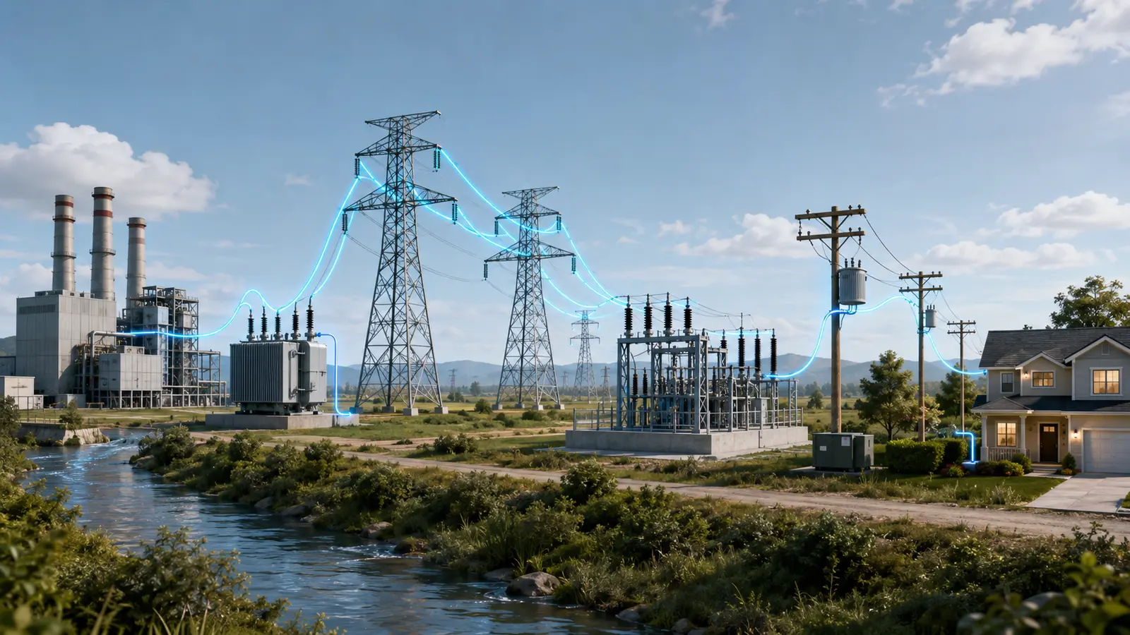 Electricity travelling from a generating station through transmission lines, substations and local transformers to a home
