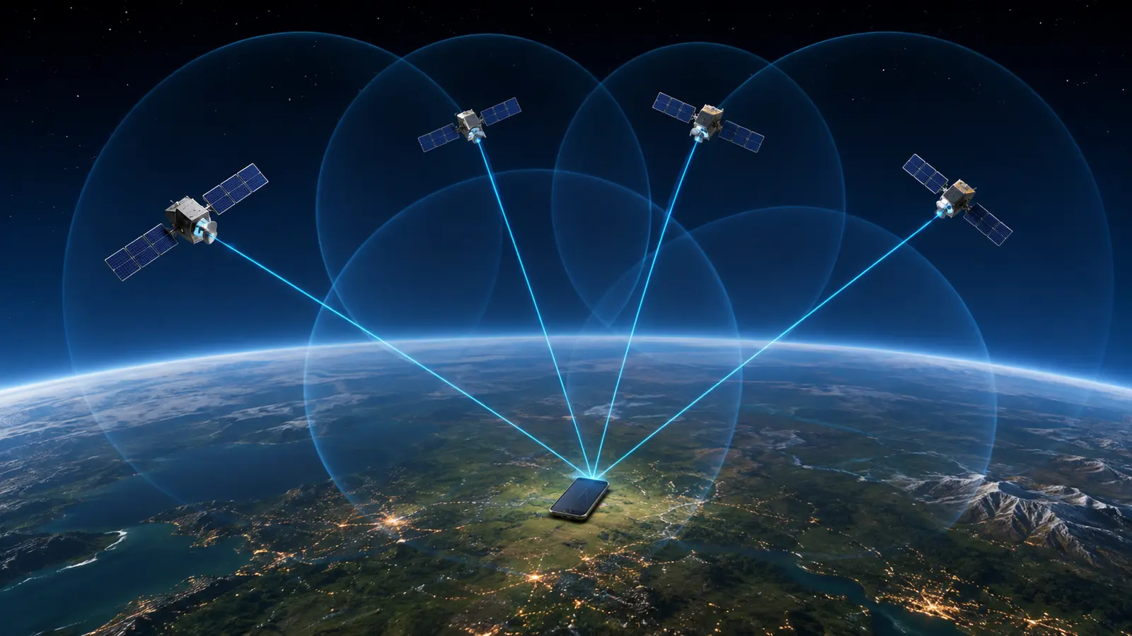 Four GPS satellites sending timing signals to a smartphone receiver on Earth