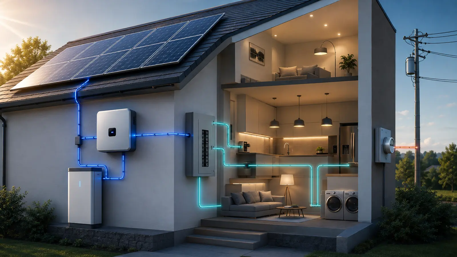 Home solar panels connected to an inverter, battery, electrical panel and utility grid