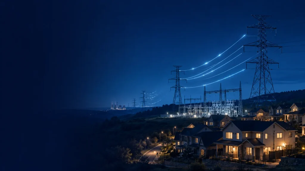 How electricity reaches homes through power stations, transmission lines and a substation