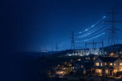 How electricity reaches homes through power stations, transmission lines and a substation