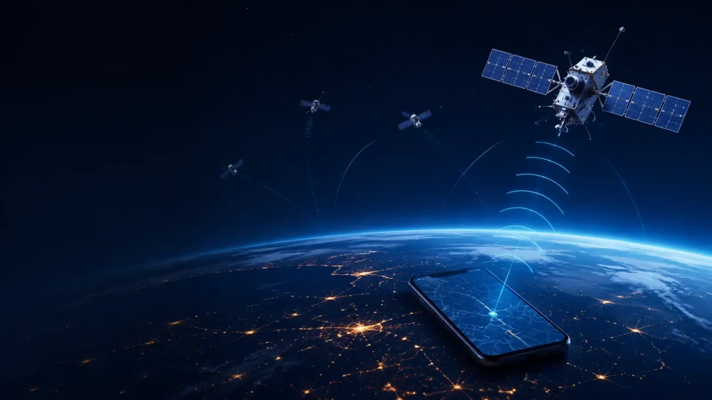 GPS satellites sending positioning signals to a smartphone on Earth