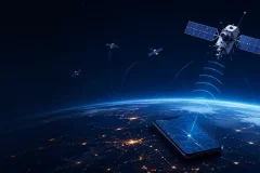 GPS satellites sending positioning signals to a smartphone on Earth