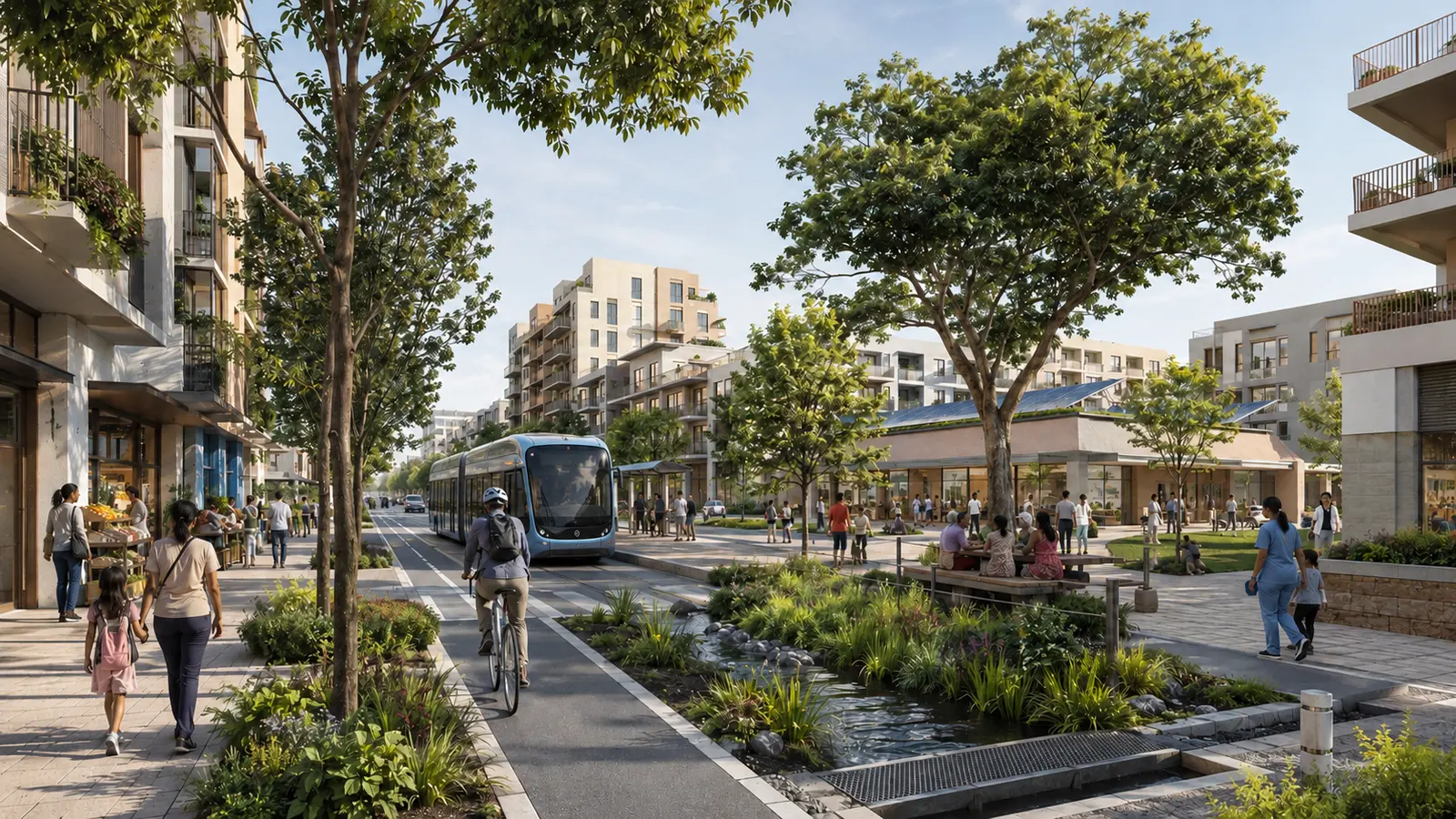 A connected urban neighbourhood with public transport, housing, trees, drainage, utilities and public space