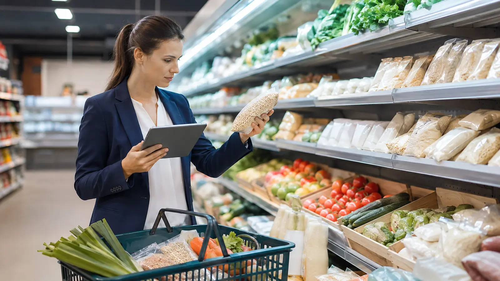 Price researcher comparing groceries while recording information on a tablet